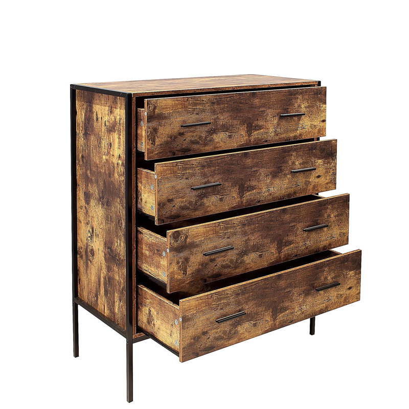 Commode à 4 tiroirs de style industriel, organisateur de vêtements de rangement en bois brun rustique avec structure en acier robuste, commode à 4 tiroirs, armoire de rangement pour chambre à coucher, salon
