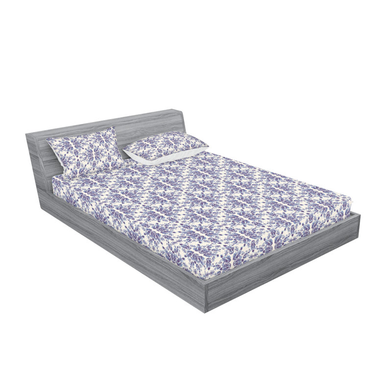 Ambesonne Fitted Sheet & Shams, King Sheet Set with 2 Pillowcases, Purple/Cell Blue/Ivory Flower