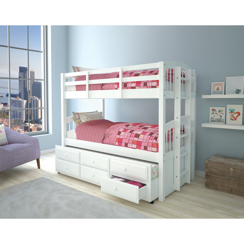 Lit superposé simple / blanc avec lit gigogne et 3 tiroirs de rangement de style blanc, entre les rails 31 po, rangement de plis en bois de pin, construction style, plancher et plancher inférieur 20
