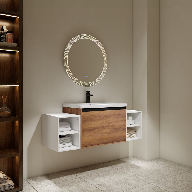Meuble-lavabo mural avec lavabo en résine, deux tablettes de rangement et portes à fermeture en douceur, 54"