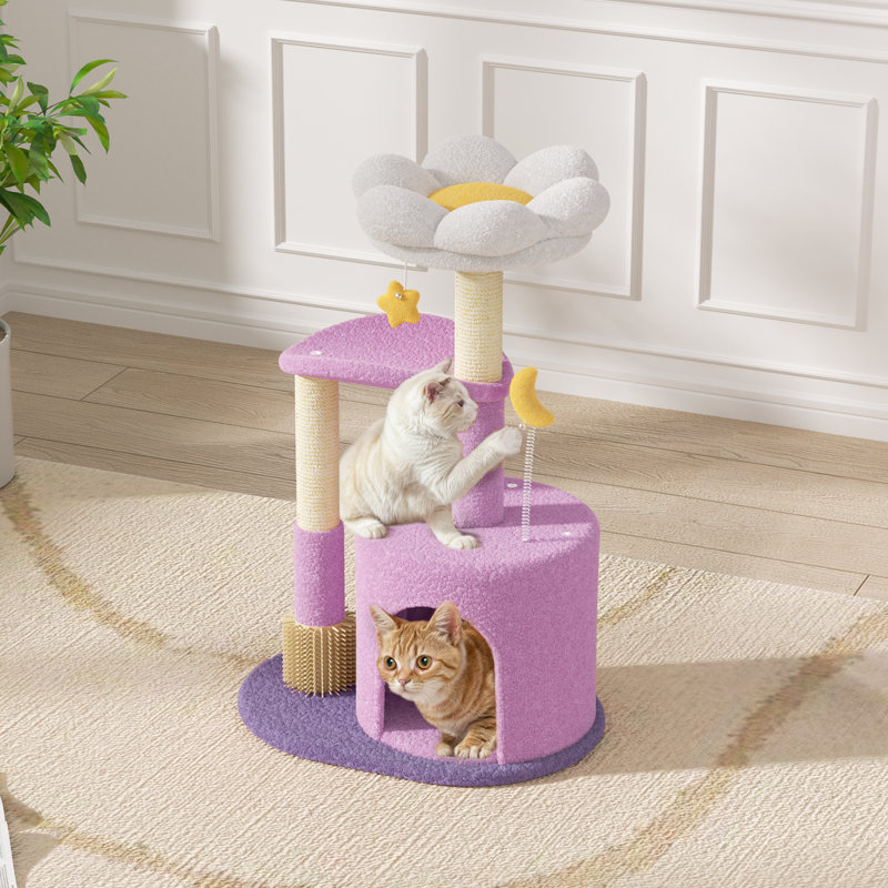 Arbre à chat H 33 po avec lit plateforme, perchoir supérieur, grotte pour chat, poteau à griffer pour chatons, Mauve