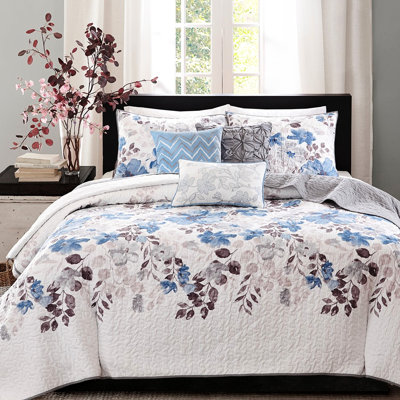 Literie bleu très grand / très grand, 6 pièces, impression florale à l'aquarelle, microfibre réversible, œuvre de courtepointe décorative,
