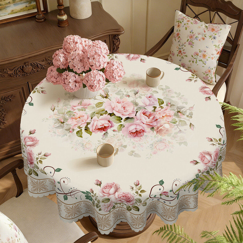 Pink Rose Floral Design Machine-Washable Polyester Tablecloth