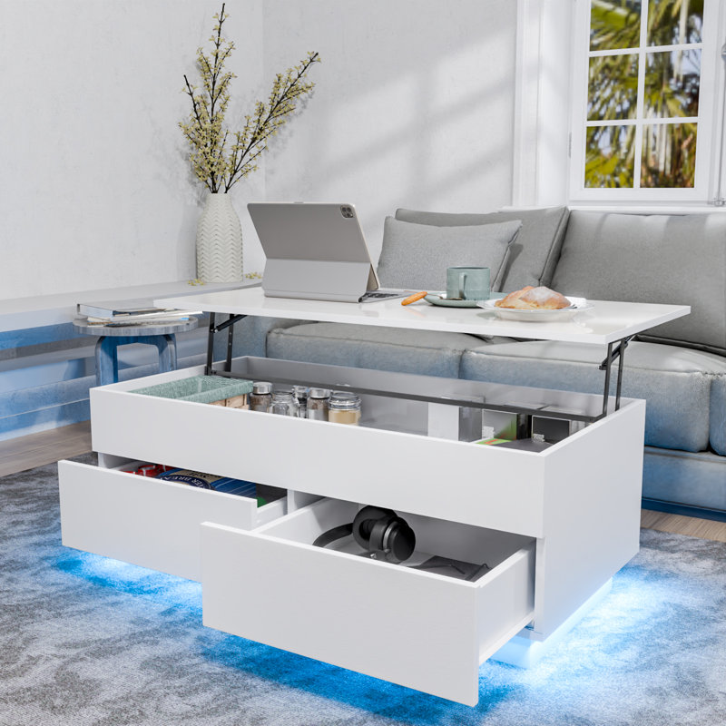 Aviad Lift Top Coffee Table with Multifunctional RGB LED Lights, Hidden Compartment and Drawers, White