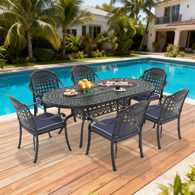 7-Piece Patio Dining Set, 81.89"L Oval Table with Umbrella Hole & 6 Stackable Chairs, Blue Cushions