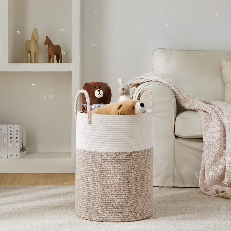 Fabric Laundry Hamper with Handles, White/Brown
