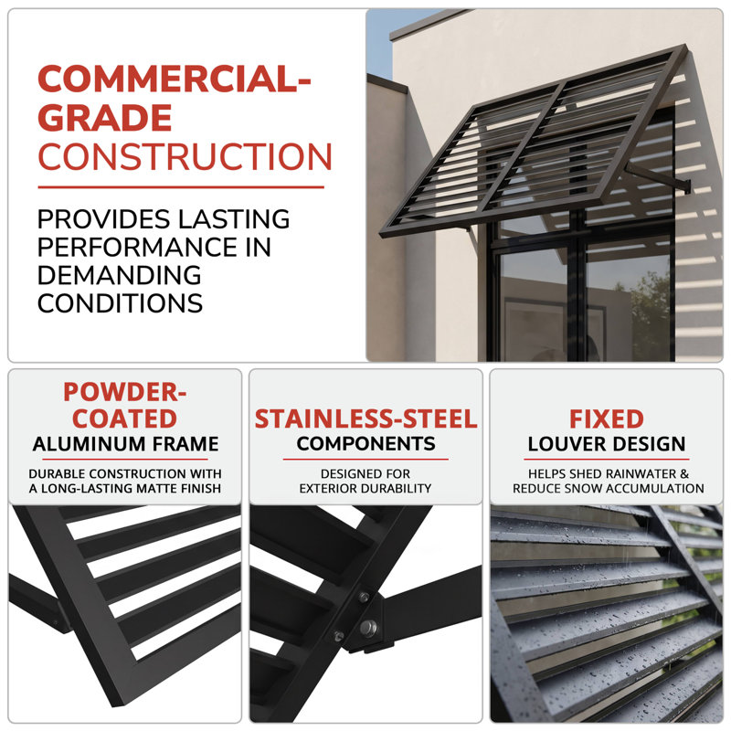 Awntech Bahama Fixed Metal Awning, 92"W x 24"H x 24"D, Pewter, 24" H x 92" W x 24" D, Pewter
