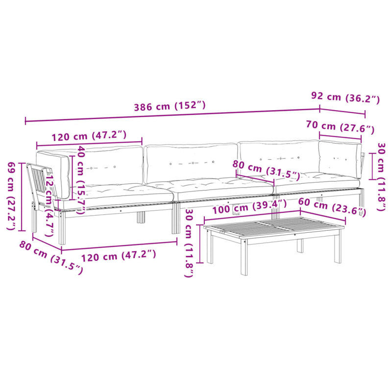 Ensemble de canapés palette Vidaxl, ensemble de 4 - taupe, 2x corner + middle + table, Taupe, Brown