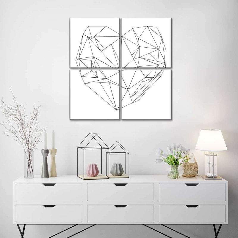 Cœur géométrique sur 4 pièces, H 18 po x l 18 po x P 1,25 po