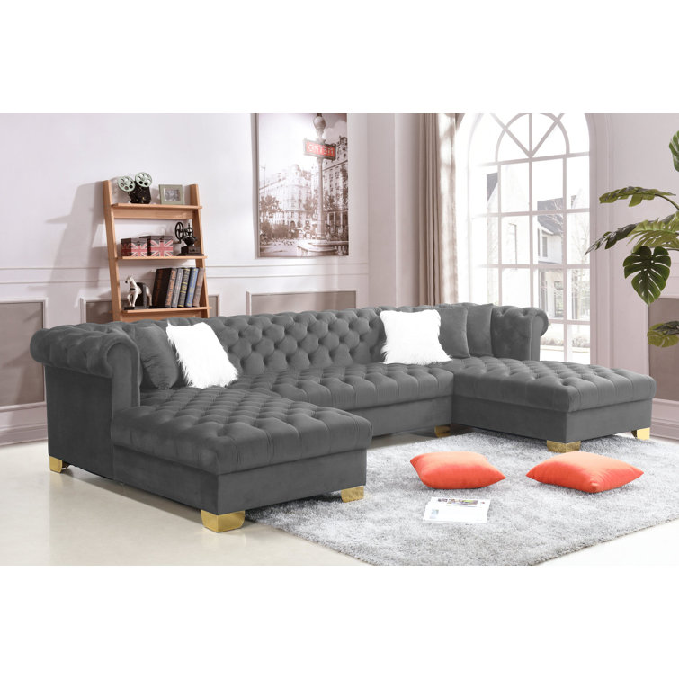 Latitude Run® Nathalie Grey Velvet Tufted Sectional - Wayfair Canada