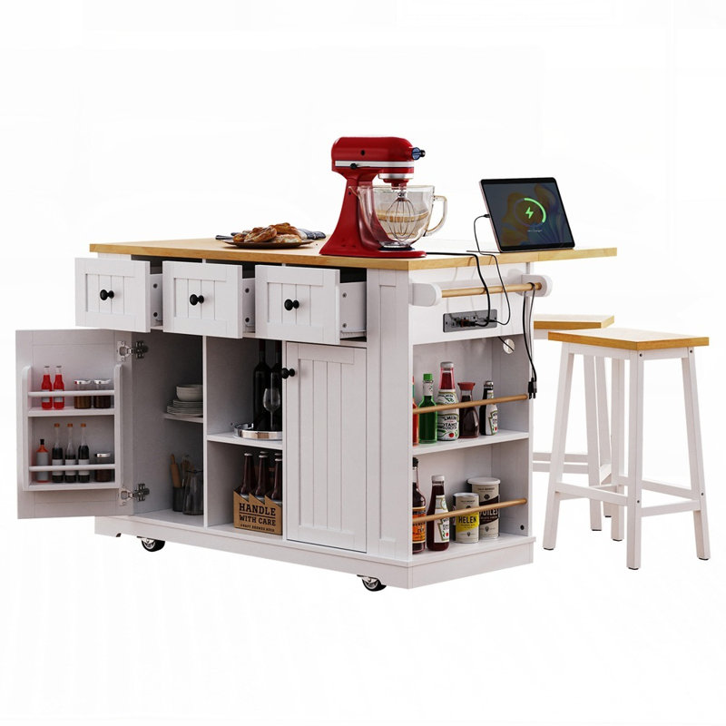 Large Kitchen Island with 2 Bar Stools, Power Outlet, and Ample Storage on 5 Wheels, Perfect for Modern Kitchens and Dining Rooms