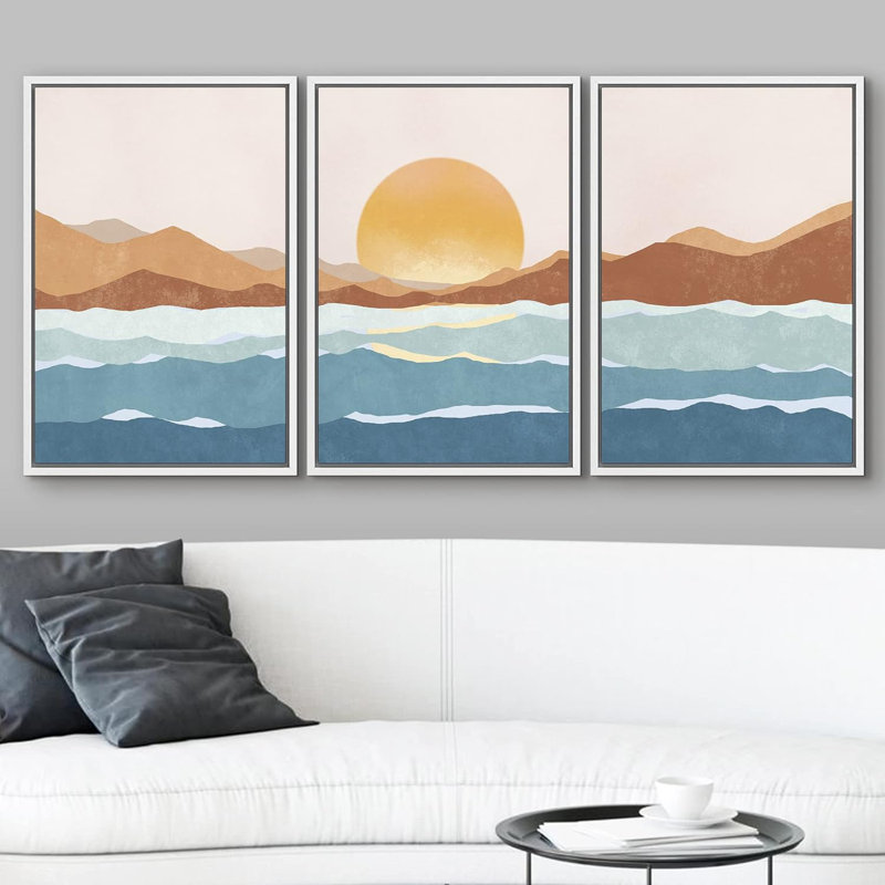 Sun Mountain Landscape " Sunlight Mountain Ocean Horizon " 3 - Pieces, 36" H x 72" W x 1.5" D, White Floater Framed Canvas