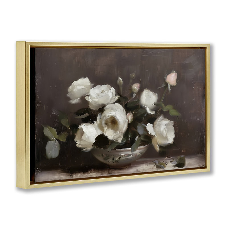 Nature morte traditionnelle rose, Cadre flottant gris lustré, H 17 po x l 25 po