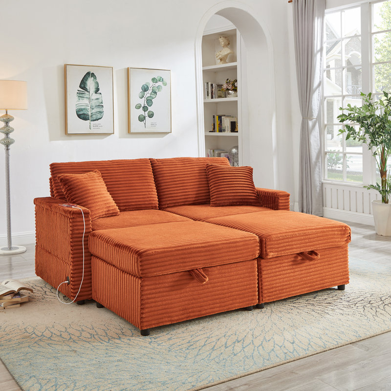 Canapé confortable en velours côtelé moelleux avec rangement, repose-pieds double et tableau pour un salon polyvalent, Orange