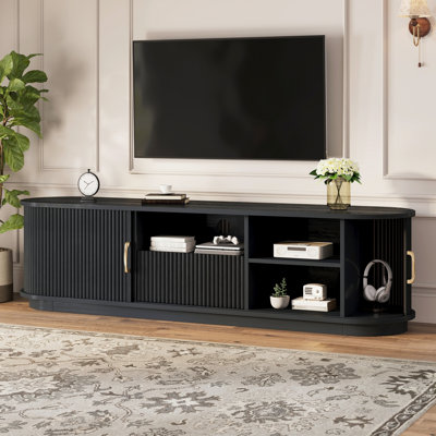 Vintage Rustic TV Stand With Sliding Wood Slatted Doors For Tvs Up To 75, Farmhouse Fluted TV Cabinet With Drawer And Cable Management