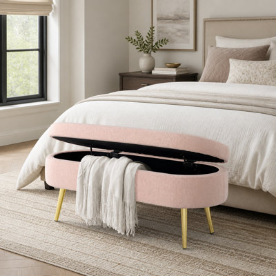 Banc de rangement repose-pieds ovale en flanelle avec pieds en métal - rose