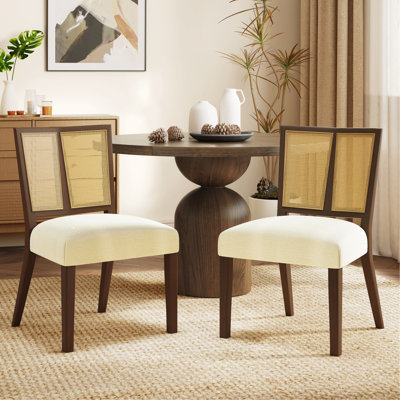 Armless Dining Chairs In Walnut And Beige - Of 2, Mid Century Style, Soft Wrinkle Upholstery, 22.88" Deep Fabric Upholstered & Beige, Cane Back, 31.23