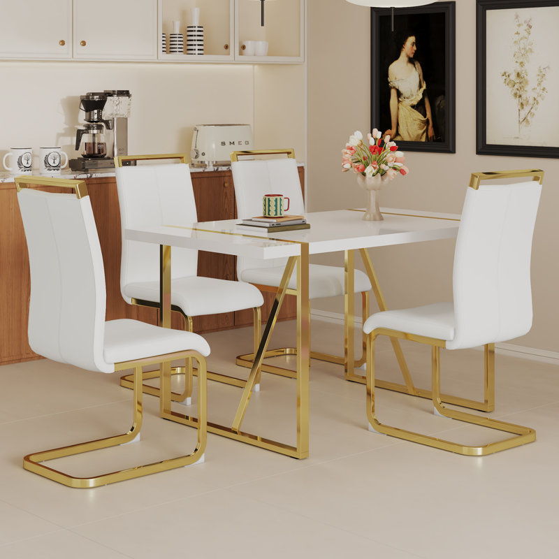 5-Piece Modern Rectangular High-Gloss Dining Set with Faux Leather Cantilever Chairs, White/Gold, White