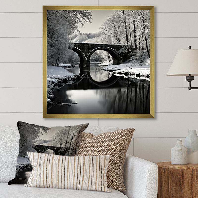 «Bridges Winter Scenery» sur toile, H 24 po x l 24 po x P 1 po, Cadre doré simple