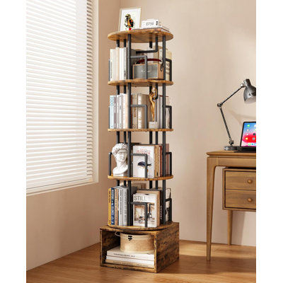 5 Tier Rotating Bookshelf with Extra Storage Cabinet, 360°Spinning Corner Bookshelf