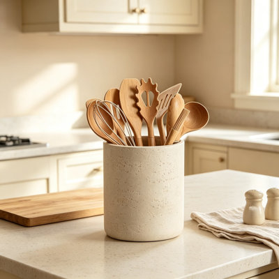 Rustic Stone-Look Utensil Crock for Kitchen Counter, Heavy Resin Holder with Non-Slip Base, Organizes Spatulas and Cooking Utensils, Farmhouse Kitchen Decor