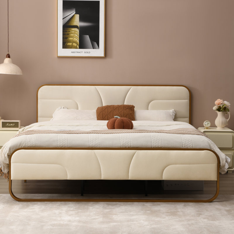 Nelsie Upholstered Platform Bed with Velvet Tufted Headboard, Full, Beige