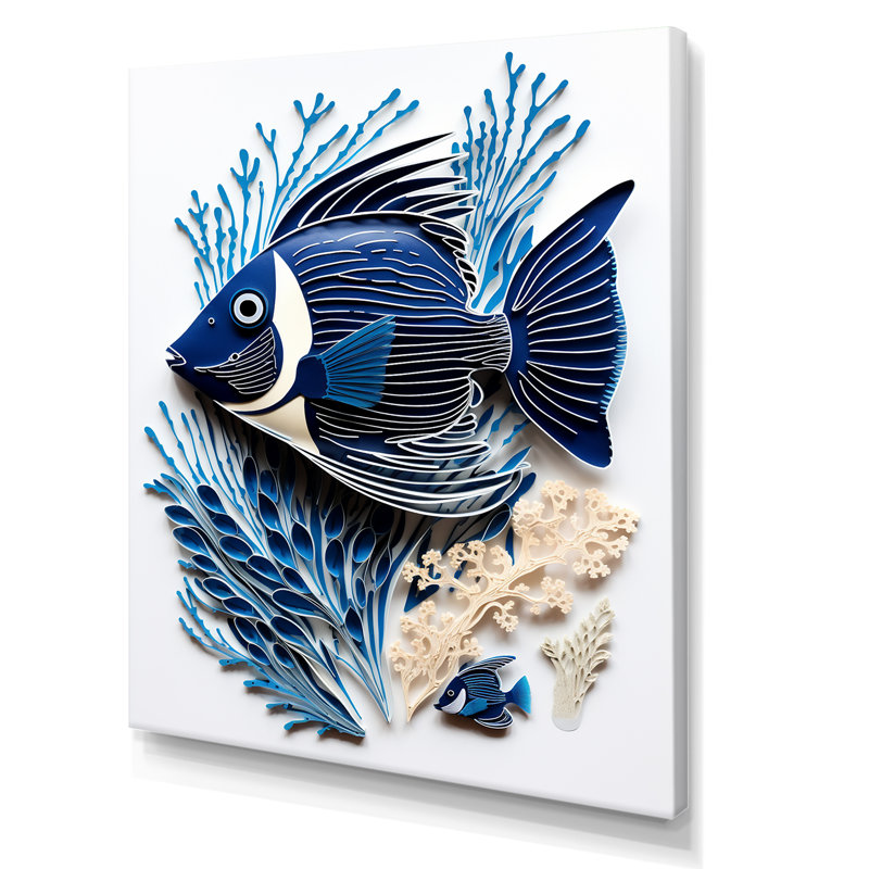 Impression sur toile monochrome de poissons bleus et blancs, Toile tendue, H 20 po x l 12 po x P 1 po