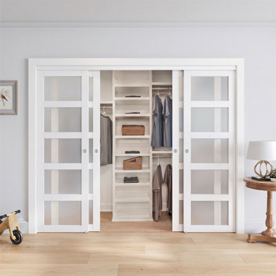 120"W x 80"H 5-Lite Tempered and Frosted Glass Sliding Closet Double Doors with Hardware Kit