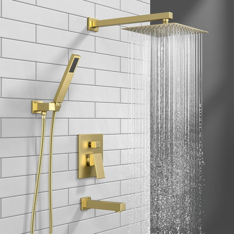 LAVA ODORO Modern 3-Setting Square Shower And Tub Faucet Set With Rainfall Shower Head, Handheld Sprayer, And Pressure-Balanced Valve In Brushed Nickel Finish