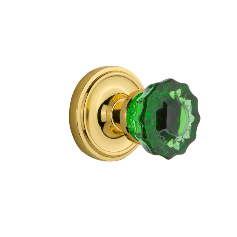 Classic Rosette with Crystal Emerald Door Knob, Polished Brass, 2 3/8
