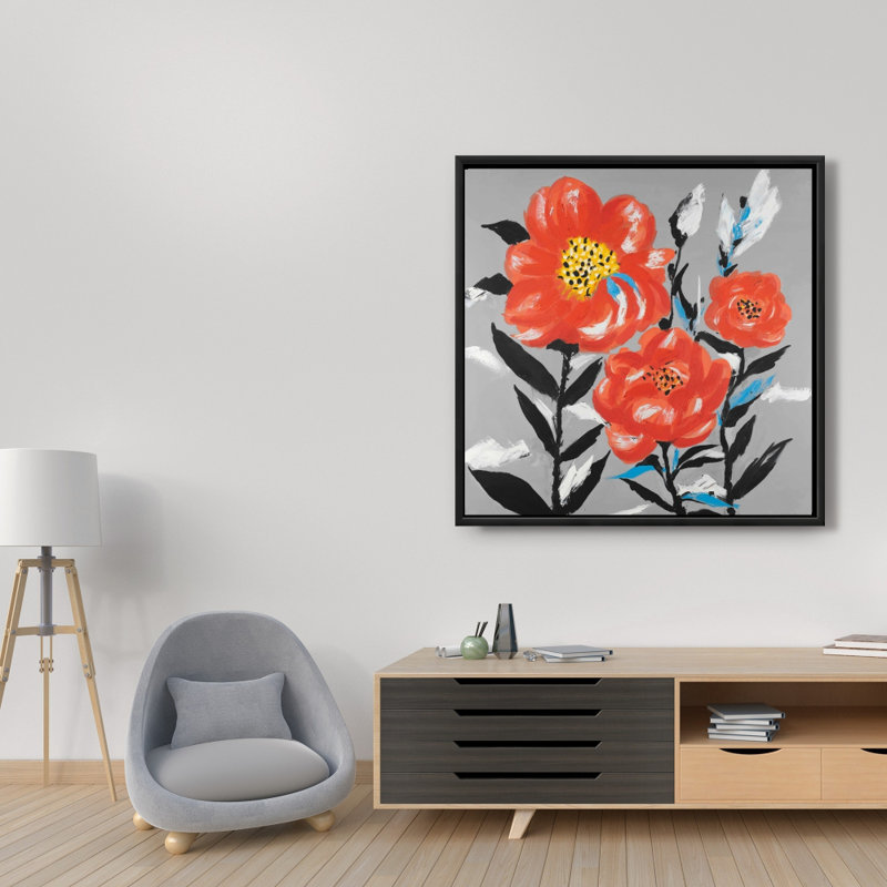 "Fleurs roses avec feuilles bleues" sur toile