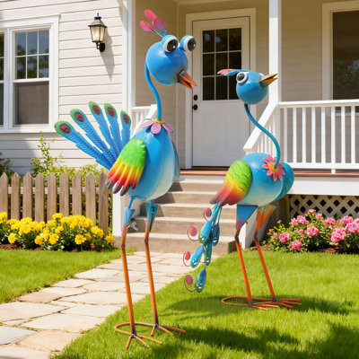 22.5" Cartoon Peacock Statue for Garden, Patio, or Home Decor with Ground Stakes, Whimsical Bird Metal Yard Art (Set of 2)