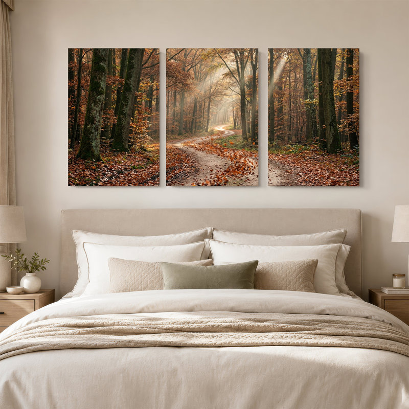 Chemin forestier sinueux avec feuilles d'automne et ensemble de 3 toiles murales, H 18 po x l 12 po x 3 pièces
