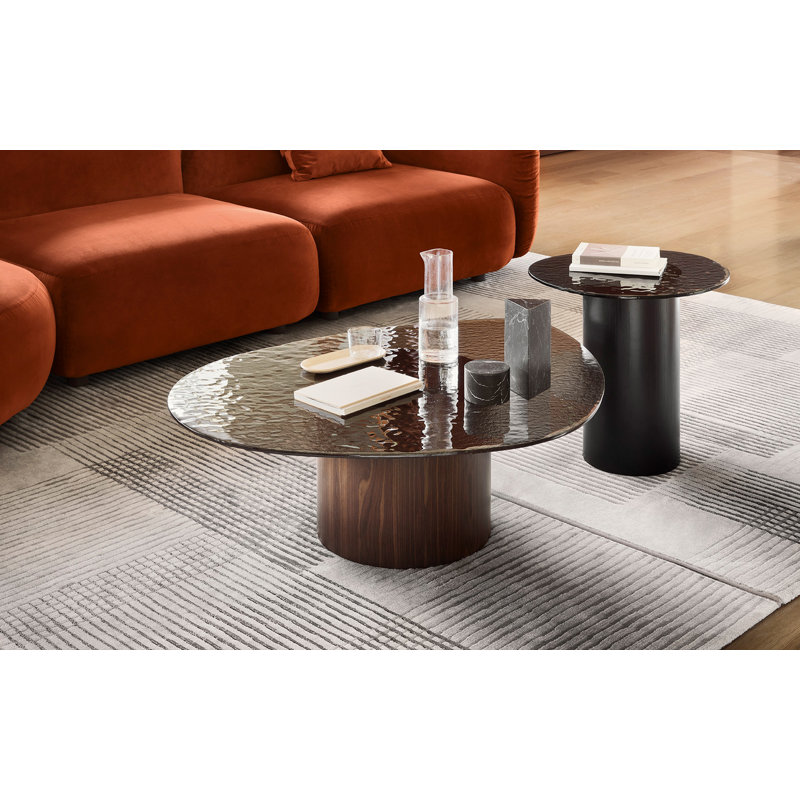Mushroom Pedestal Coffee Table with Wooden Base, Bronze Top/Smoke Base
