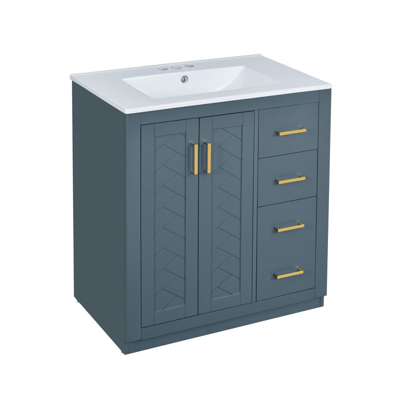 Ensemble de meuble-lavabo 30 po avec lavabo en céramique, armoire de rangement en bois massif, ensemble de meuble-lavabo autoportant avec 3 tiroirs et portes à fermeture douce