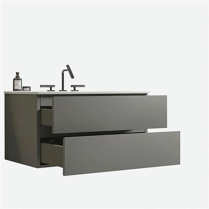 Coiffeuse murale en bois de noyer à trois trous avec lavabo en céramique, grande coiffeuse de rangement, salle de bain moderne, pré-assemblée
