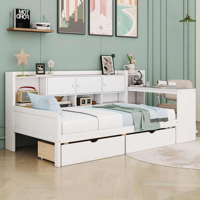 L-Shape Daybed with Ample Storage and Study Desk, Twin, White