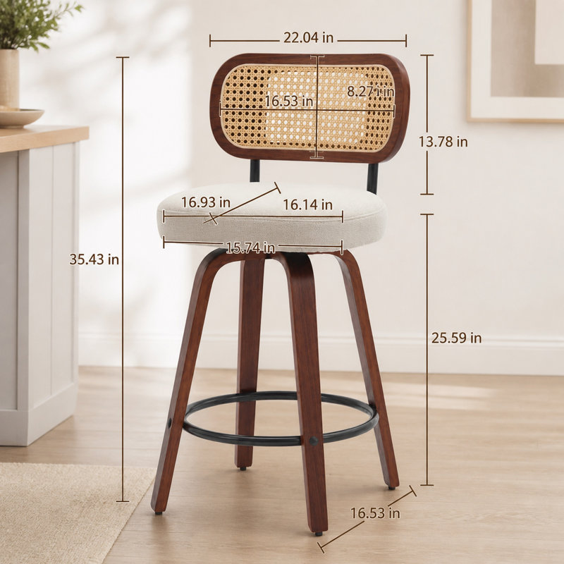 Tabouret de comptoir pivotant en bois massif de 26 po avec dossier en rotin beige (ensemble de 3), Beige, 3