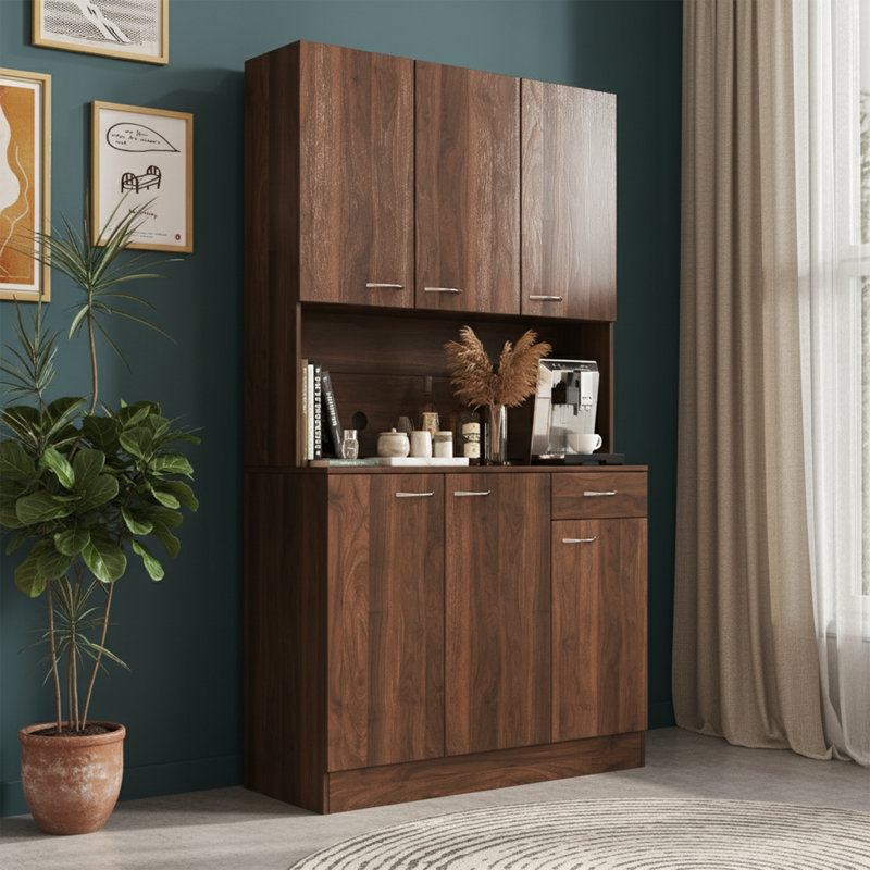 70.87" Tall Wardrobe& Kitchen Cabinet, With 6-Doors, 1-Open Shelves And 1-Drawer For Bedroom,Walnut