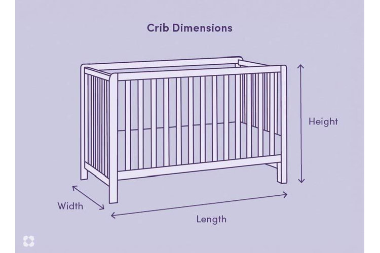 infographic displaying nursery crib dimensions like height, width, and depth