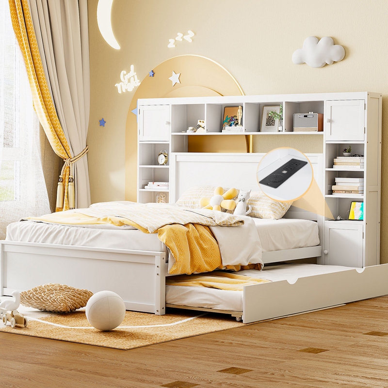 Brython Bookcase Storage 2 Drawers Platform Bed with Trundle, Queen, White