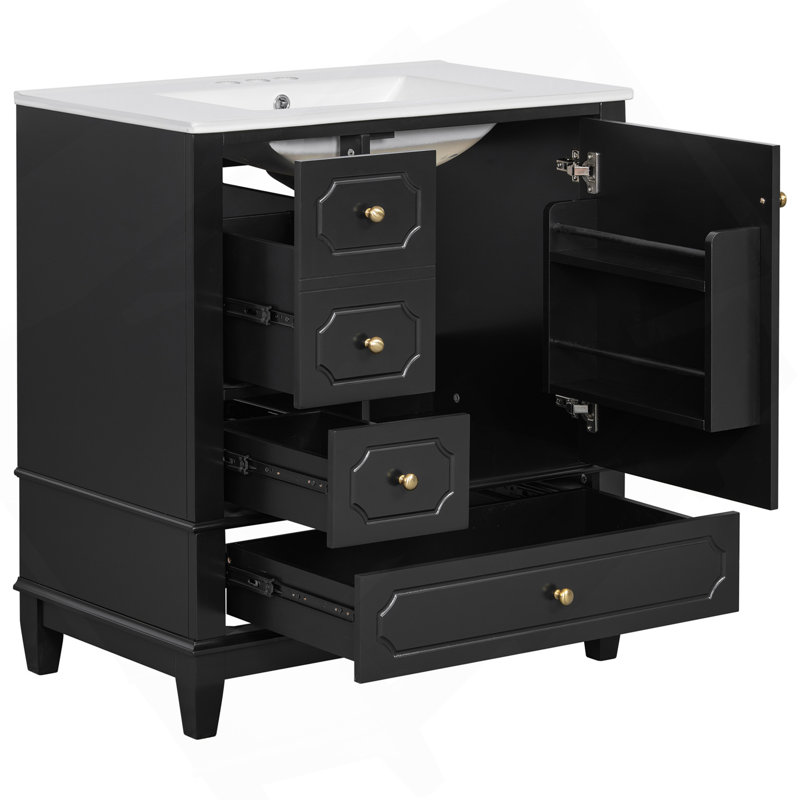 Meuble-lavabo 30 po avec lavabo, meuble-lavabo autoportant noir avec lavabo en céramique, cadre en bois, porte à fermeture en douceur, 3 tiroirs, panneau de fibres à densité moyenne peint et bois d'hévéa, tablettes de rangement incluses
