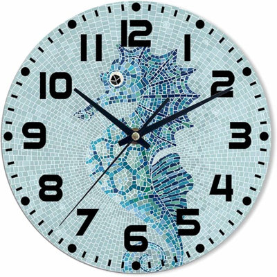 Horloge murale Hippocampe Horloge murale ronde en mosaïque bleue silencieuse à bois de 10 po à pile Horloge murale facile à lire pour la cuisine de la chambre à coucher et du salon