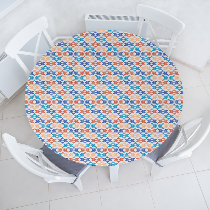 Ambesonne Ethnic Fitted Round Tablecloth White and Multicolor, 47.24" Round