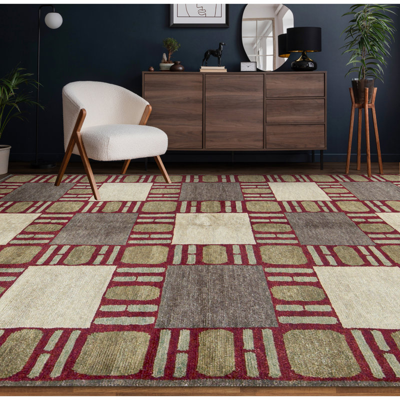Wool Geometric Area Rug in Red/Beige/Light Yellow, Rectangle 6'1" x 8'7"