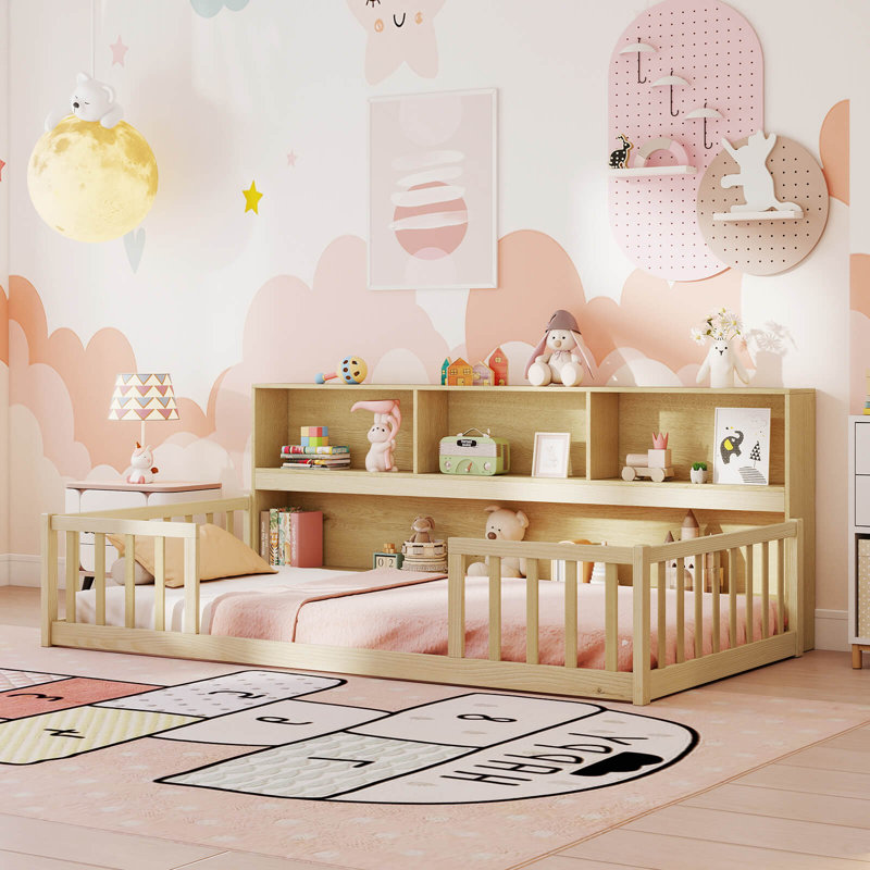 Lit simple Montessori avec tablettes de rangement et rails de sécurité, Naturel, Lit simple