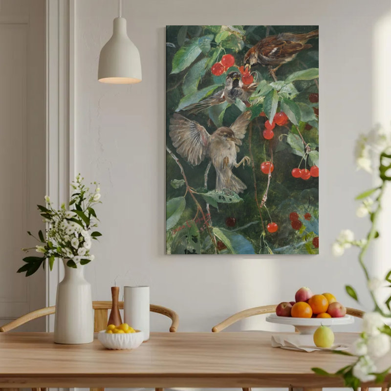 «Sparrows and Summer Cherries», peinture à l'huile sur toile - Nature rustique et décoration murale aviaire - reproduction d'art classique encadrée 24 x 36