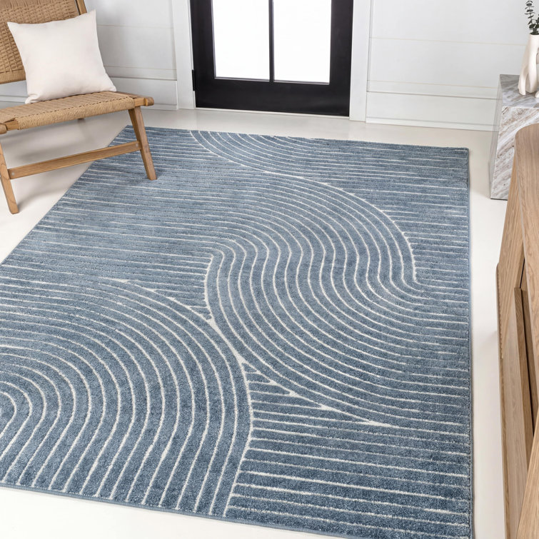 Anagrace High-Low Minimalist Curve Geometric Dark Blue/Cream Indoor/Outdoor Rug