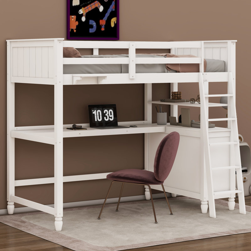 Lit mezzanine en bois avec tiroirs, bureau et tablettes Kaarel, Twin, Blanc