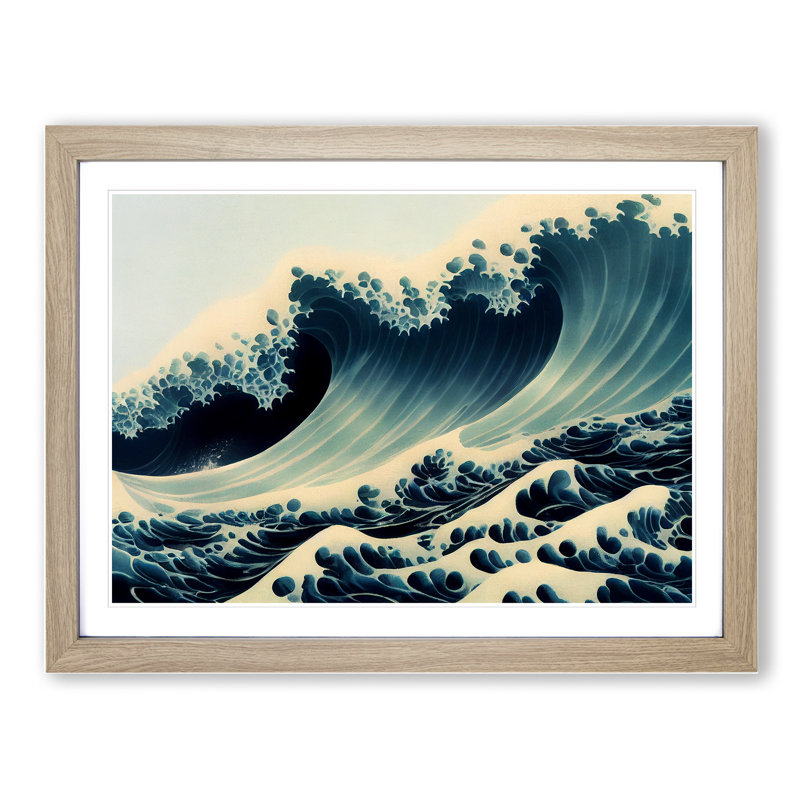 XH1022-3531X Expressive Japanese Wave - Single Picture Frame Print, 25cm H x 34cm W x 2cm D, Oak